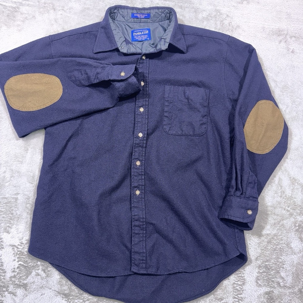 Pendleton Virgin Wool Navy Blue Button Up Suede Elbow Pads Size L Made In USA
